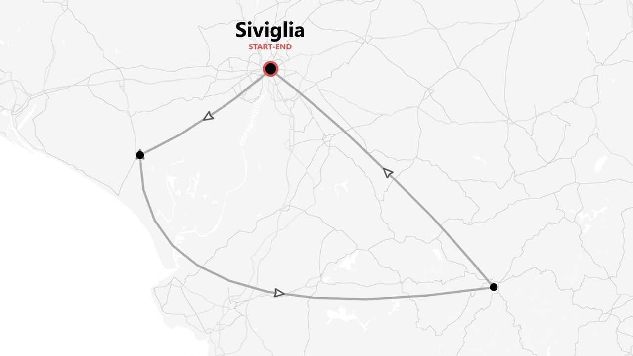 Mappa in scala di grigi di un itinerario circolare con Siviglia come punto di partenza e arrivo.