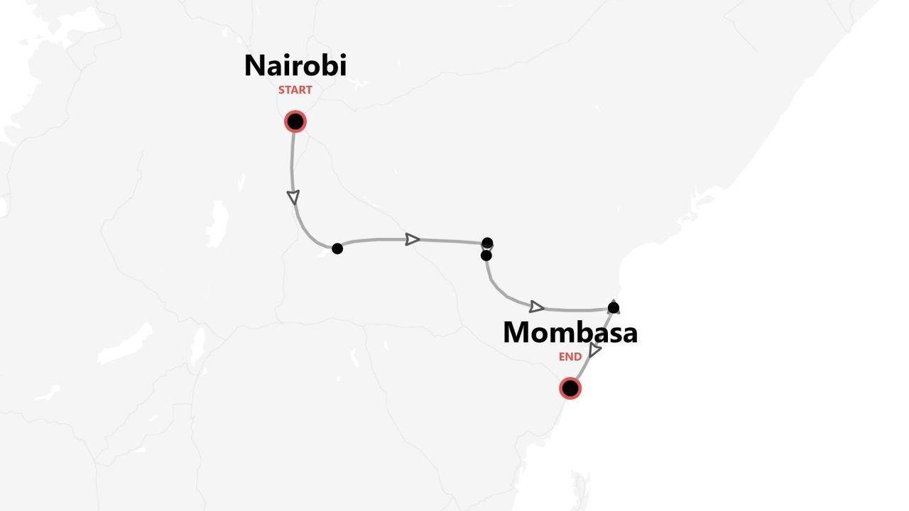 A map showing a travel route in Kenya, starting in Nairobi and ending in Mombasa, with several stops along the way.