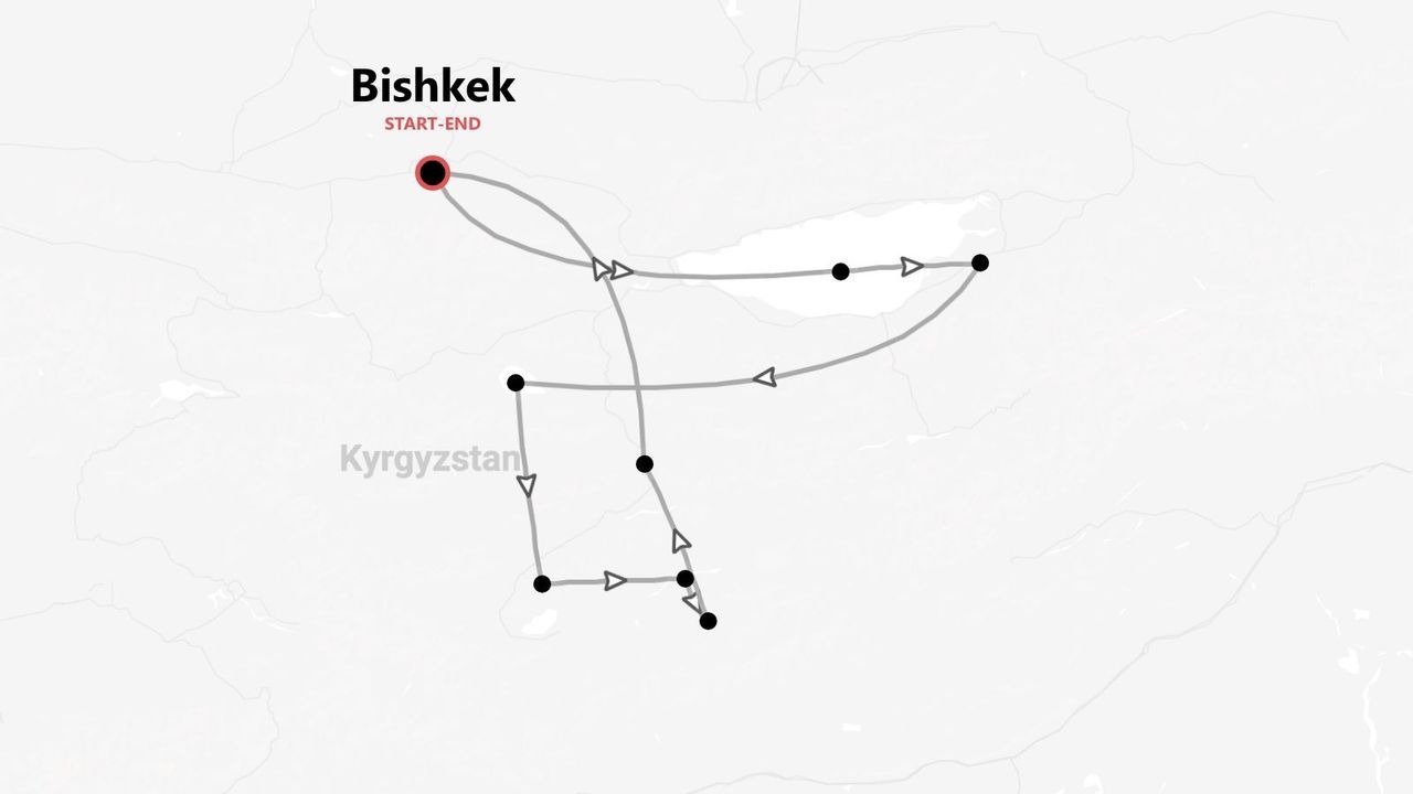 A map showing a travel itinerary through Kyrgyzstan, with the route starting and ending in the city of Bishkek.