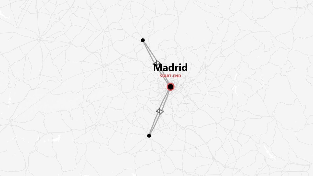 A minimalist map showing a travel itinerary that starts and ends in Madrid.