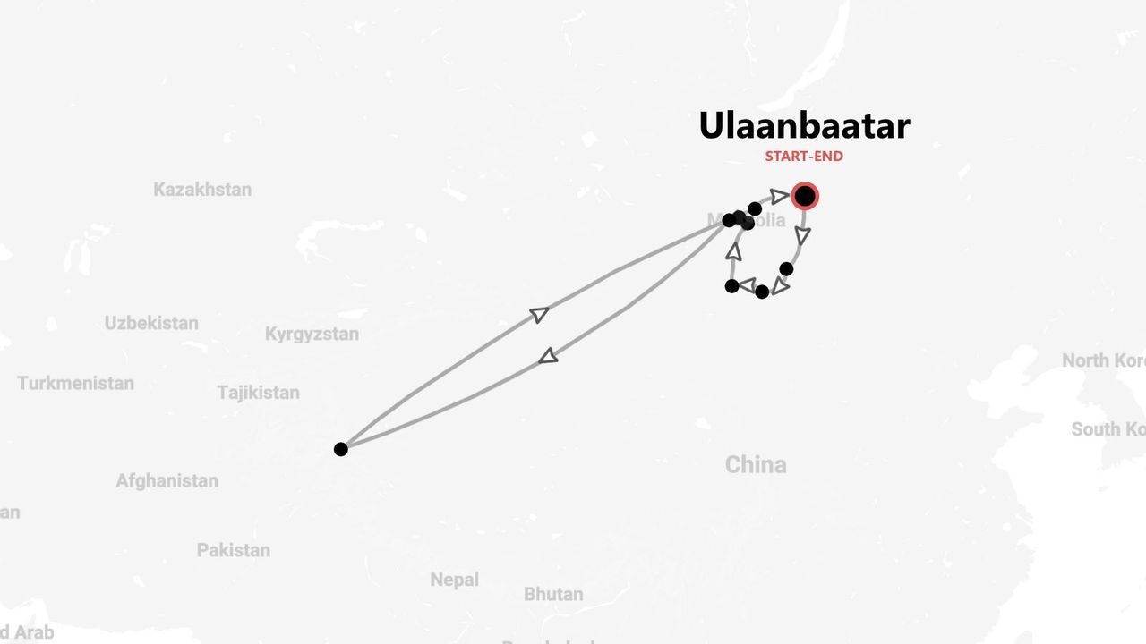 A map of a travel route across Mongolia and Central Asia, with the start and end point marked as Ulaanbaatar.
