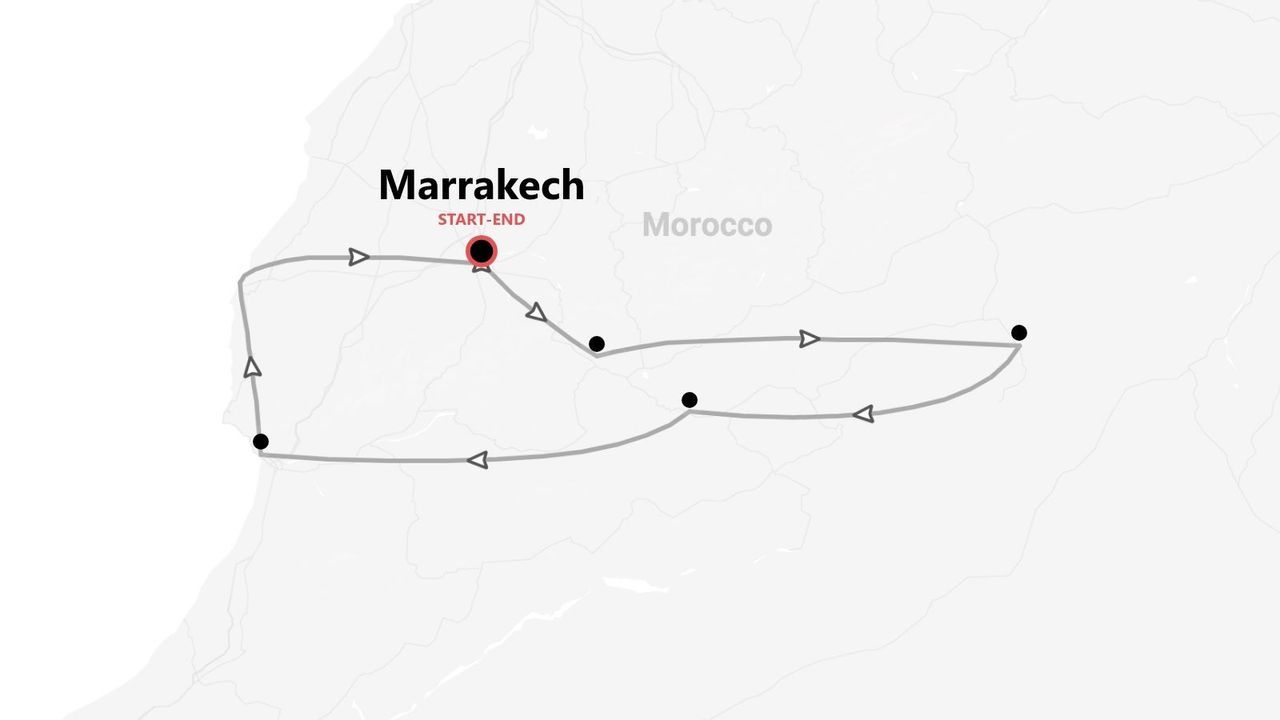 A map of a travel itinerary in Morocco, showing a route that starts and ends in the city of Marrakech.