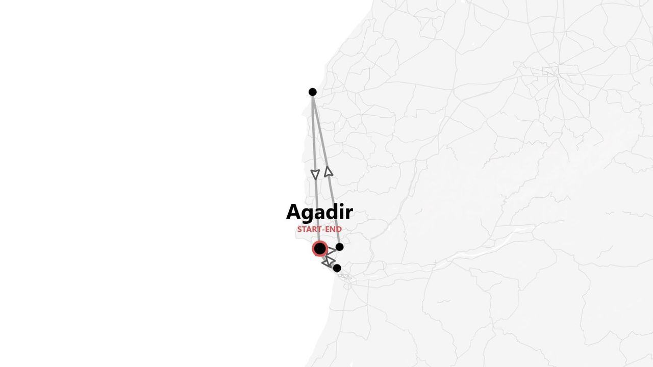 A stylized map showing a travel itinerary that starts and ends in the city of Agadir.