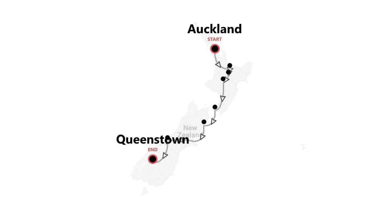 A map of New Zealand showing a travel itinerary that starts in Auckland and ends in Queenstown, with several stops indicated along the route.