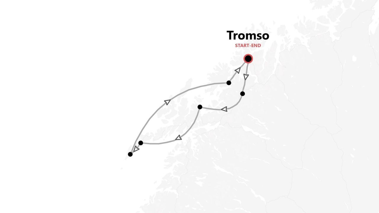 A minimalist map showing a travel itinerary that starts and ends in Tromso, with the route marked by a looping grey line.