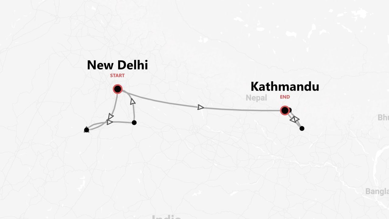 Una mappa che mostra un itinerario di viaggio con partenza da Nuova Delhi, India, e conclusione a Kathmandu, Nepal.