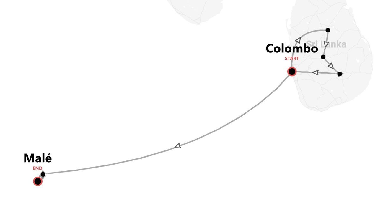 Una mappa che mostra un itinerario di viaggio con partenza da Colombo, Sri Lanka, con tappe sull'isola e arrivo a Malé.