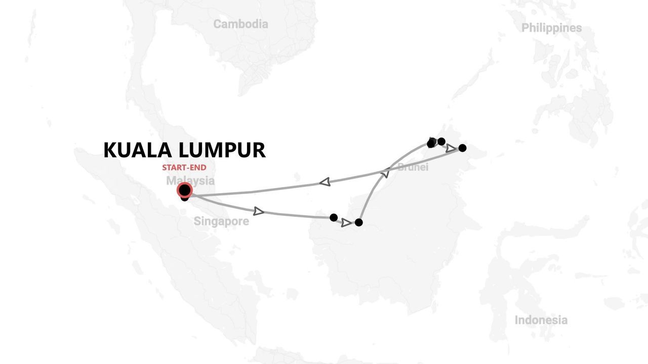 Un mapa que muestra un itinerario de viaje de ida y vuelta por Malasia, comenzando y terminando en Kuala Lumpur con paradas en la isla de Borneo.