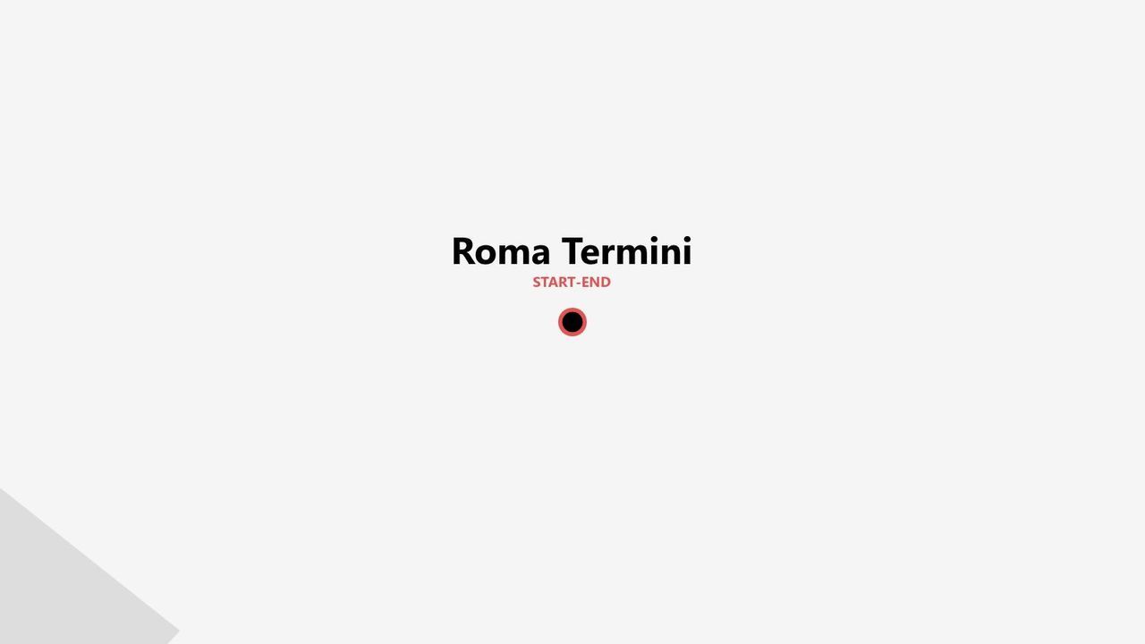 Grafica che indica 'Roma Termini' come punto di partenza e arrivo di un viaggio, contrassegnata da un'icona circolare rossa e nera su sfondo bianco.