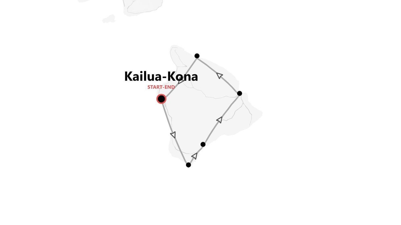 A minimalist map showing a travel itinerary around an island, with the start and end point marked at Kailua-Kona.