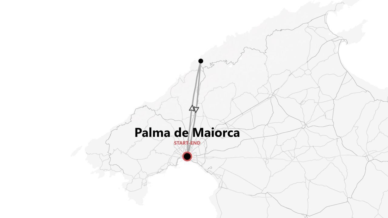 Una mappa che mostra un itinerario di viaggio sull'isola di Maiorca, con un percorso che inizia e finisce a Palma di Maiorca.