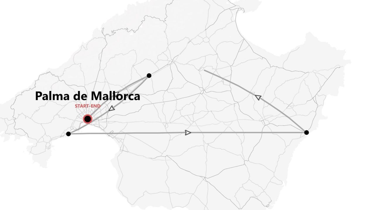 Eine Karte einer Reiseroute auf Mallorca, die in Palma de Mallorca beginnt und endet.