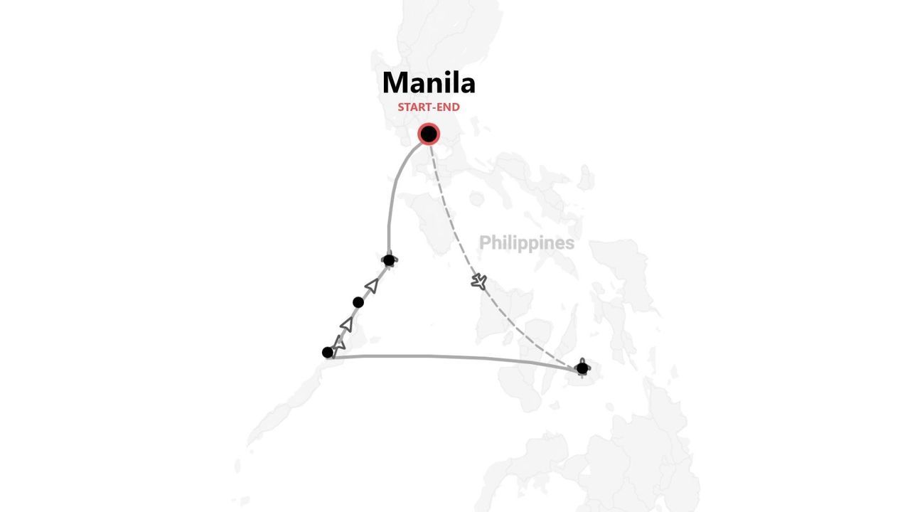 Une carte des Philippines montrant un itinéraire de voyage qui commence et se termine dans la ville de Manille.