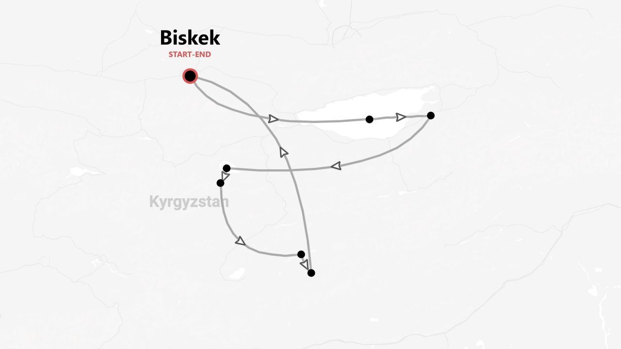 Mapa de itinerario de viaje por Kirguistán, con inicio y fin en Biskek.