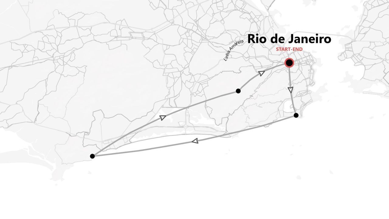 Una mappa grafica di Rio de Janeiro che mostra un itinerario di viaggio con un punto di partenza e arrivo segnato e diverse fermate lungo il percorso.