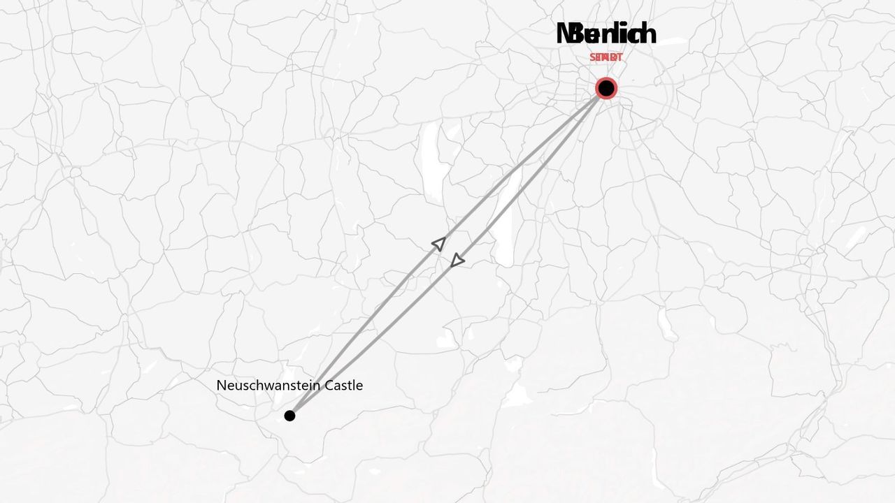 A minimalist map illustrating a travel route between Berlin and Neuschwanstein Castle in Germany.