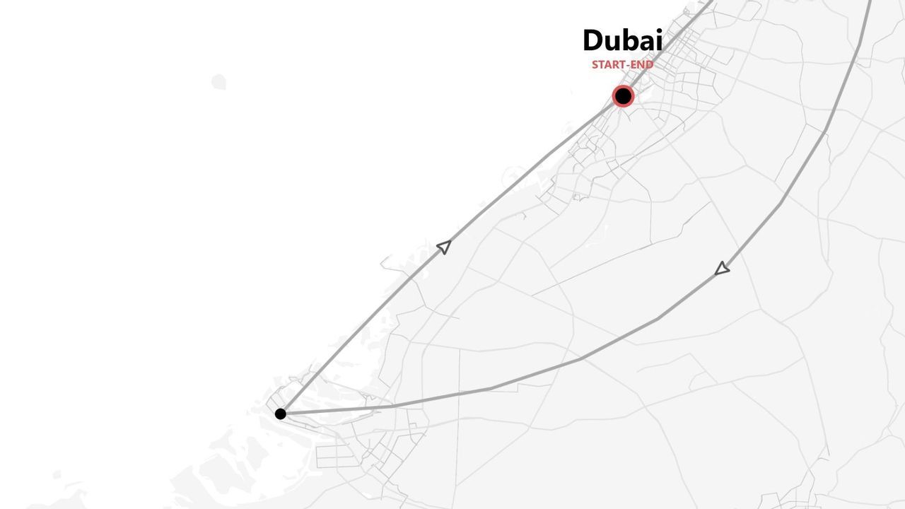 Mappa in scala di grigi che illustra un itinerario di viaggio con inizio e fine nella città di Dubai.
