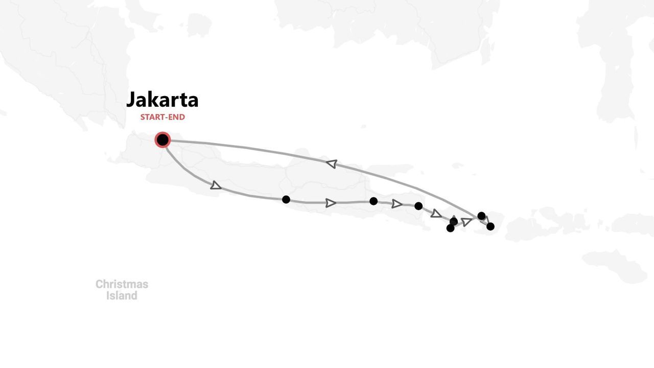 Una mappa minimalista che mostra un itinerario di viaggio che inizia e finisce a Giacarta, con un percorso che si estende verso est attraverso diverse isole.