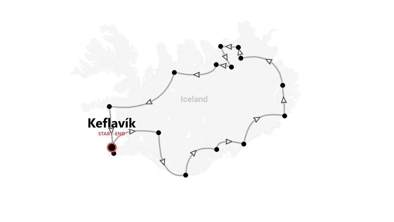 Carte d'Islande avec itinéraire de circuit complet, départ et arrivée à Keflavík.