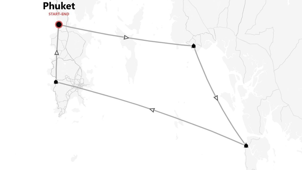 Carte stylisée illustrant un itinéraire de voyage débutant et se terminant à Phuket, dont le parcours est indiqué par des lignes et des points de repère.