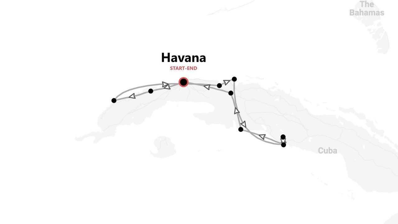 Une carte présentant un itinéraire de voyage à travers Cuba, débutant et se terminant à La Havane, avec les Bahamas visibles au nord-est.