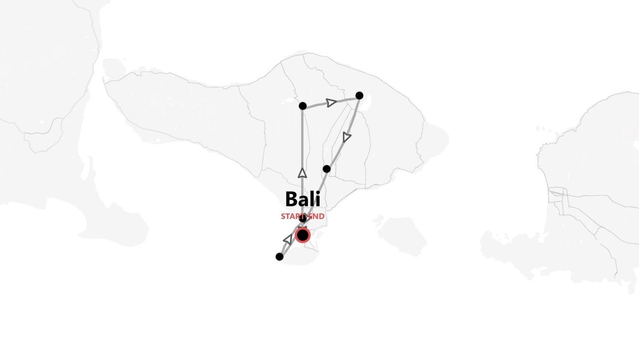 Une carte de Bali montrant un itinéraire de voyage, qui commence et se termine au sud de l'île.