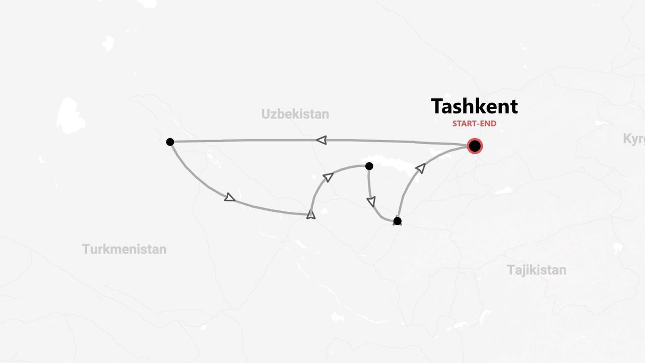 Une carte montrant un itinéraire de voyage en Ouzbékistan. L'itinéraire, marqué par une ligne avec des flèches, commence et se termine dans la ville de Tachkent.