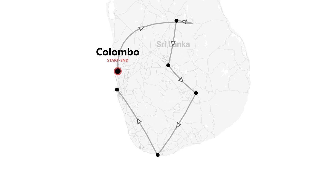 Une carte minimaliste montrant un itinéraire de voyage à travers le Sri Lanka, avec un parcours circulaire qui commence et se termine à Colombo.