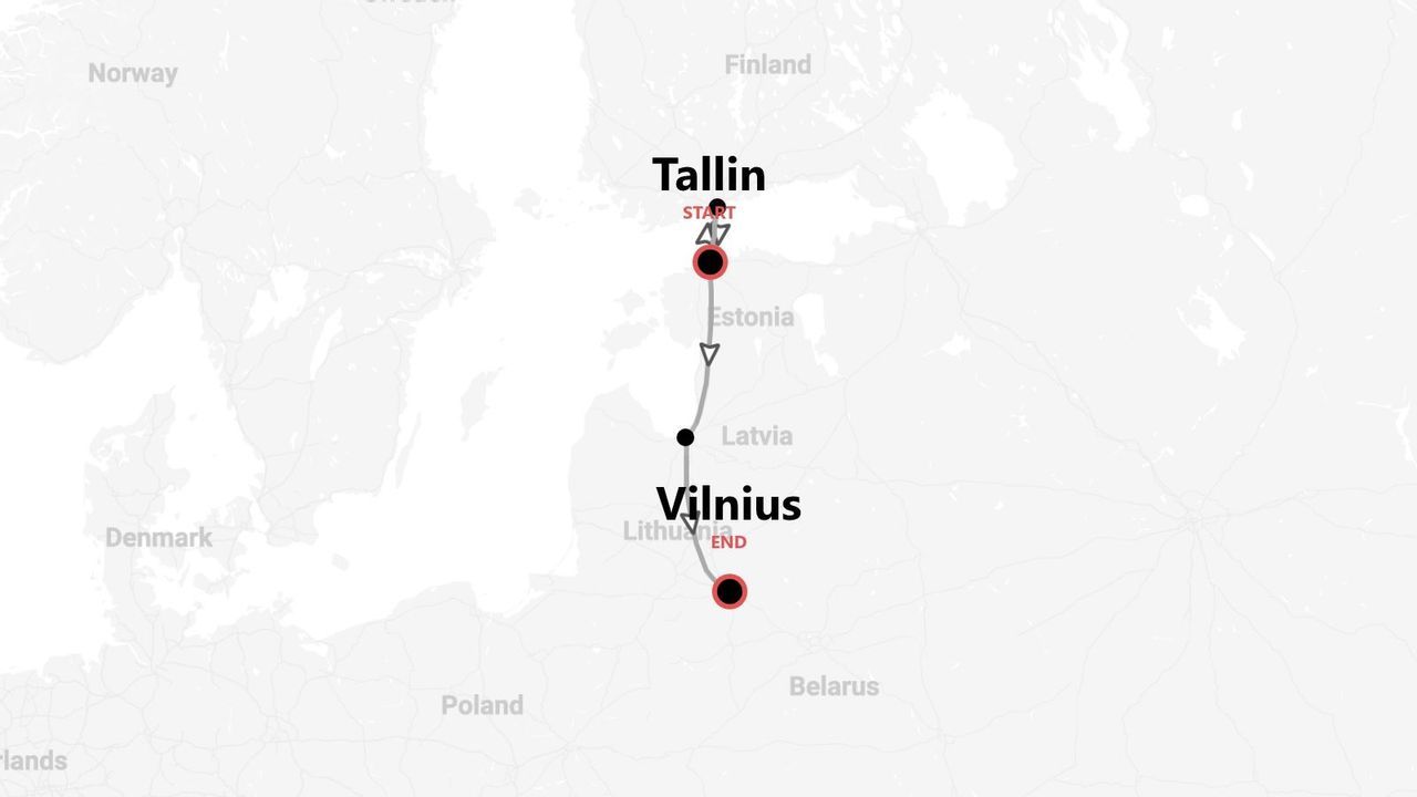 Carte de l'itinéraire de Tallinn (Estonie) à Vilnius (Lituanie) via la Lettonie.