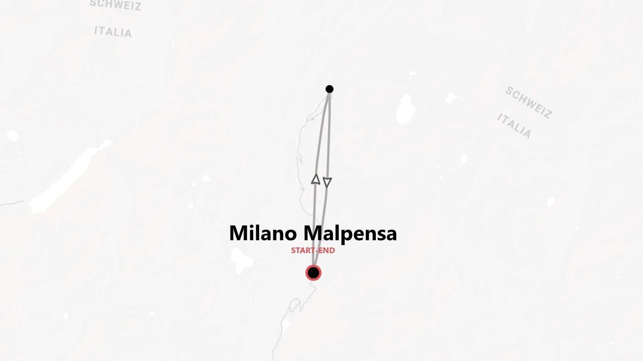 Carte d'un itinéraire de voyage aller-retour entre Milan Malpensa (Italie) et la Suisse.