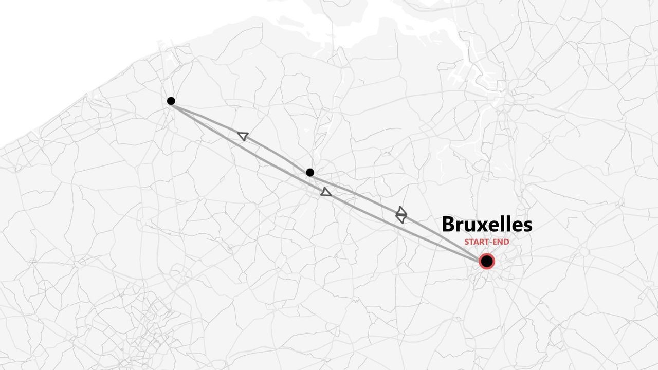 Mappa minimalista in scala di grigi di un itinerario di viaggio con partenza e arrivo a Bruxelles, Belgio.