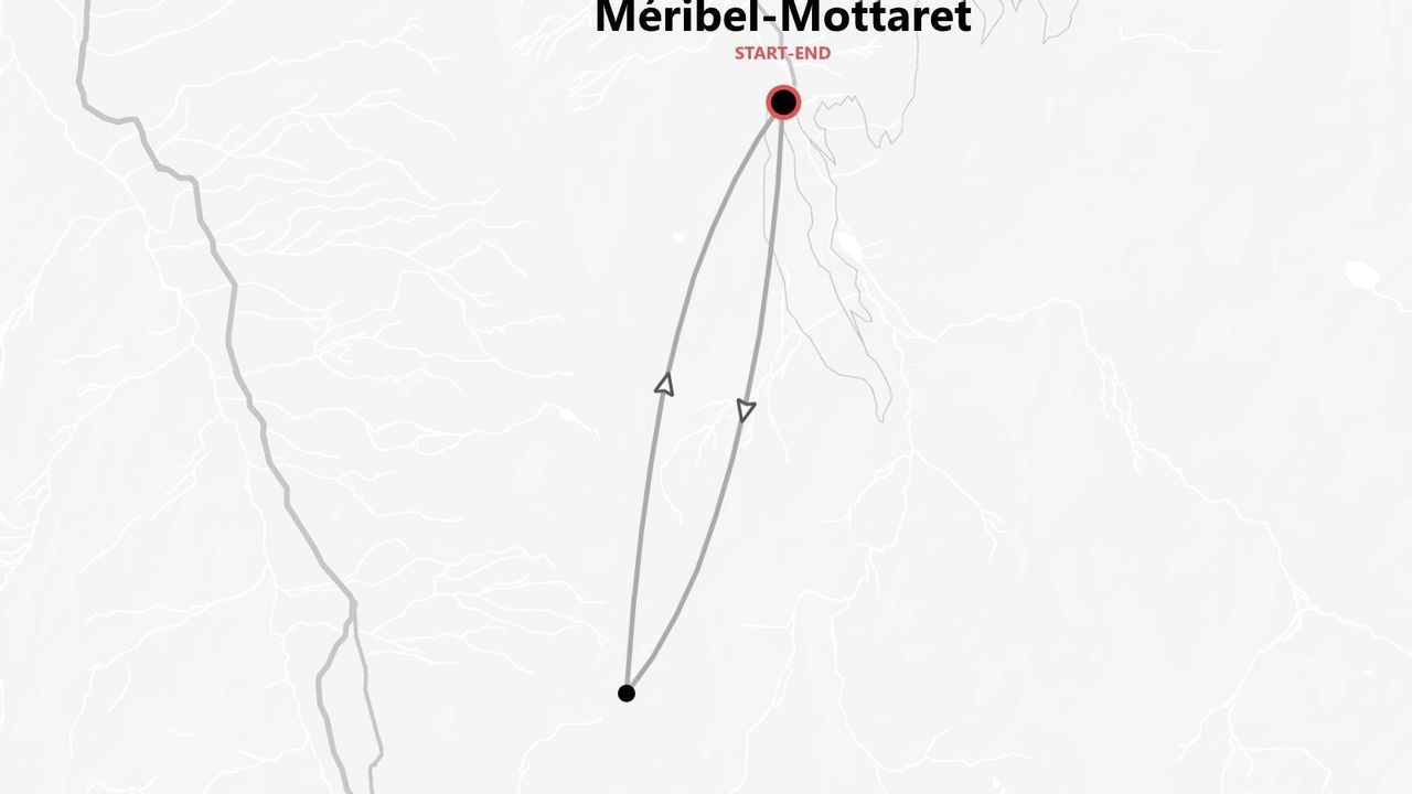 Une carte minimaliste montrant un itinéraire de voyage circulaire commençant et se terminant à Méribel-Mottaret.