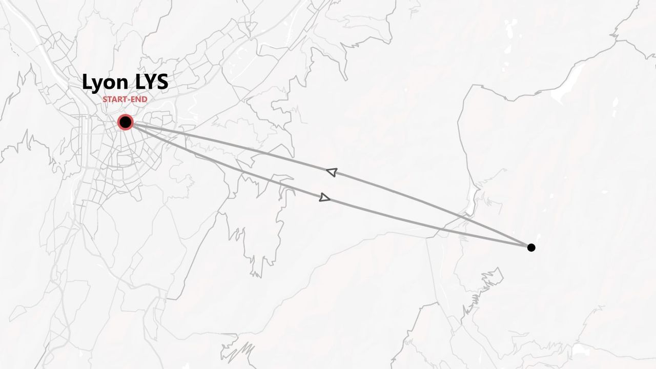 Une carte stylisée montrant un itinéraire de voyage aller-retour avec le point de départ et d'arrivée à Lyon LYS.