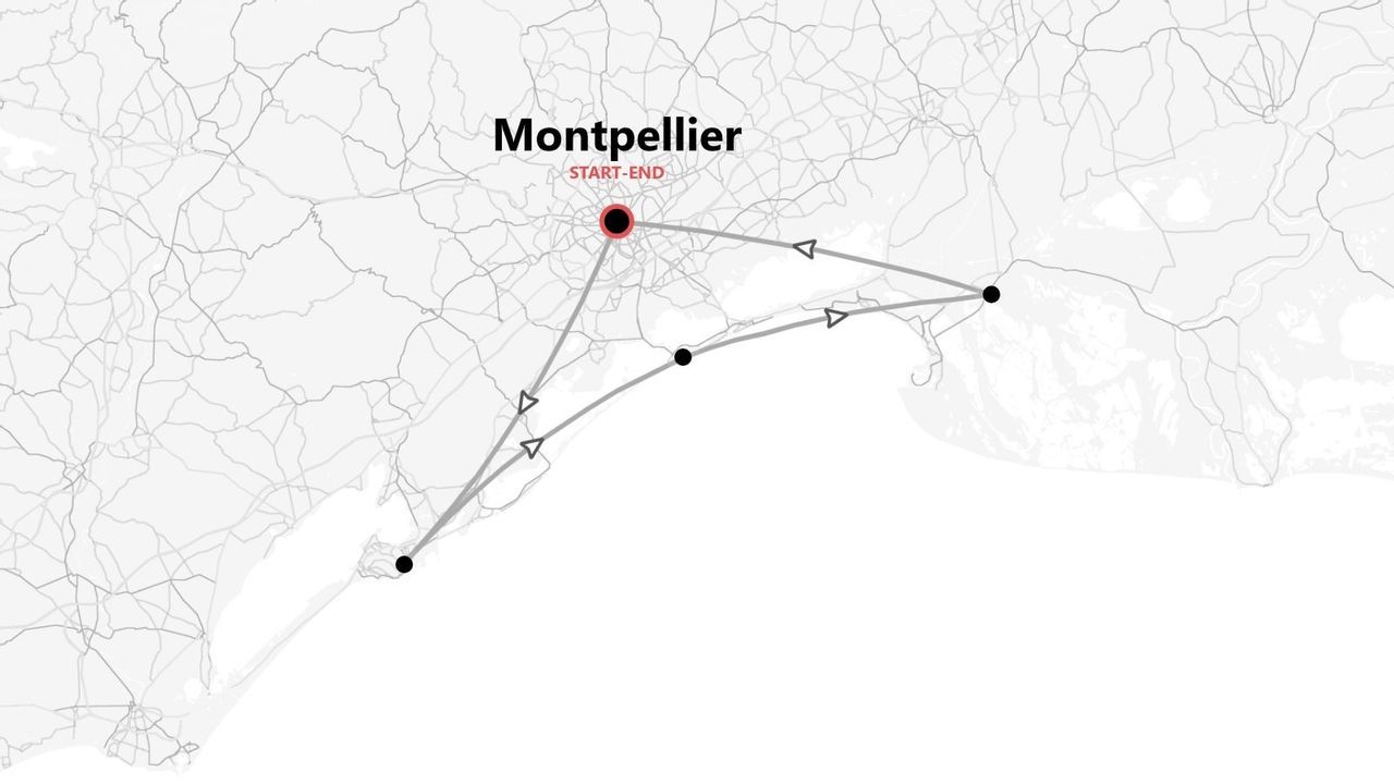 Une carte minimaliste d'un itinéraire de voyage en France, avec un parcours commençant et se terminant à Montpellier.