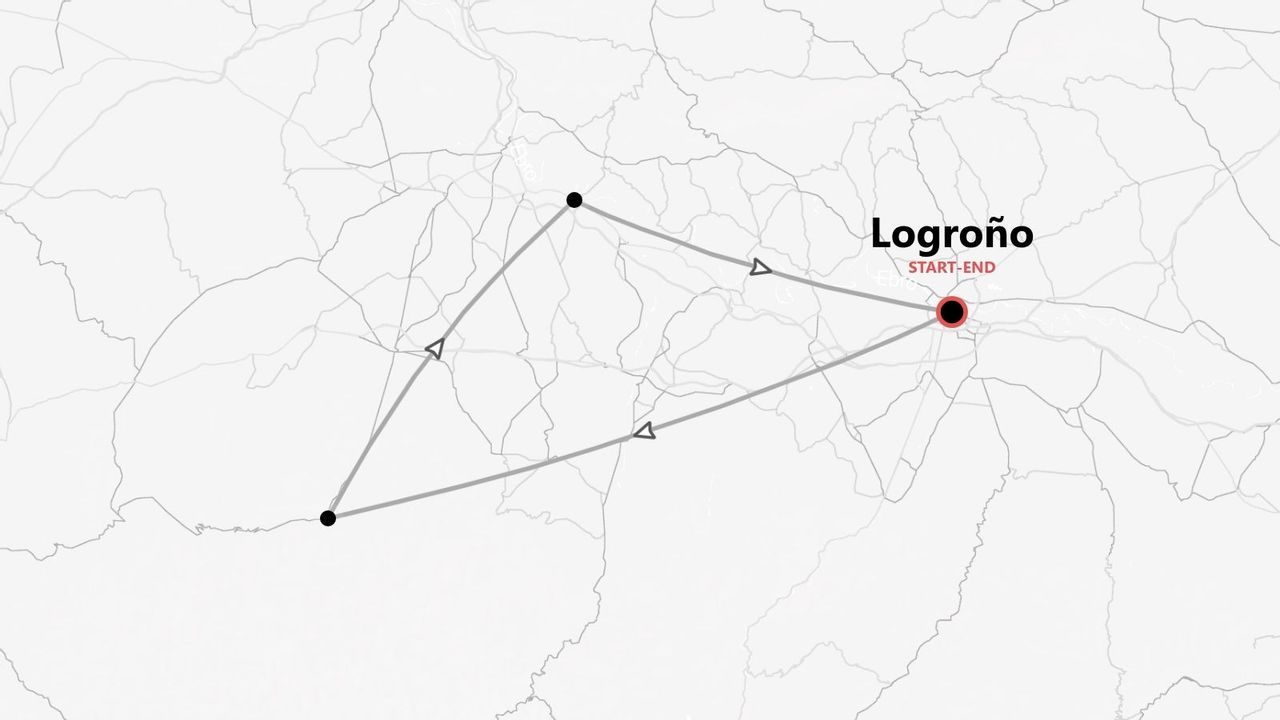 Une carte minimaliste présentant un itinéraire de voyage triangulaire, avec Logroño marqué d'une épingle rouge comme point de départ et d'arrivée.