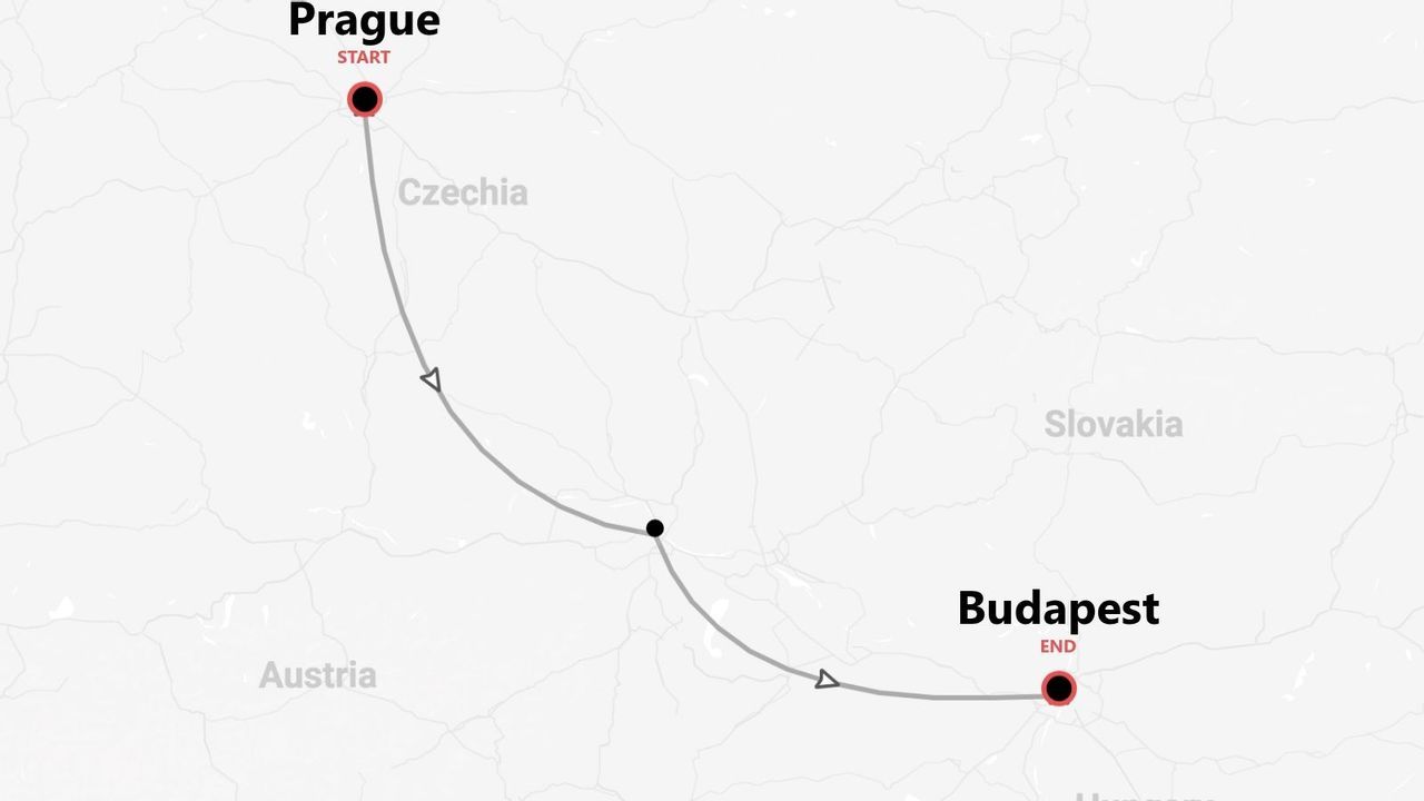 Une carte présentant un itinéraire de voyage de Prague (DÉPART) à Budapest (ARRIVÉE), traversant la Tchéquie et l'Autriche.