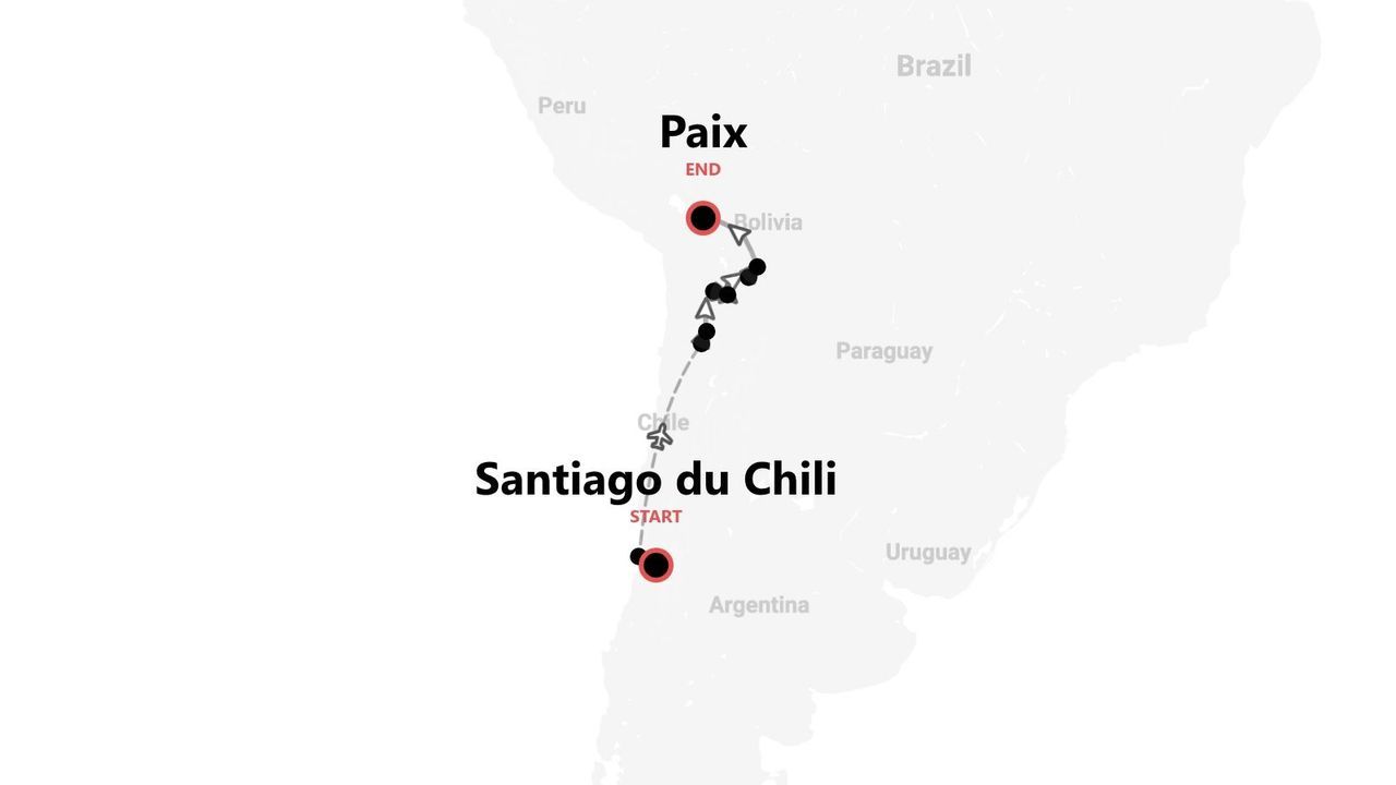 Une carte de l'Amérique du Sud montrant un itinéraire de voyage de Santiago du Chili à La Paz, Bolivie.