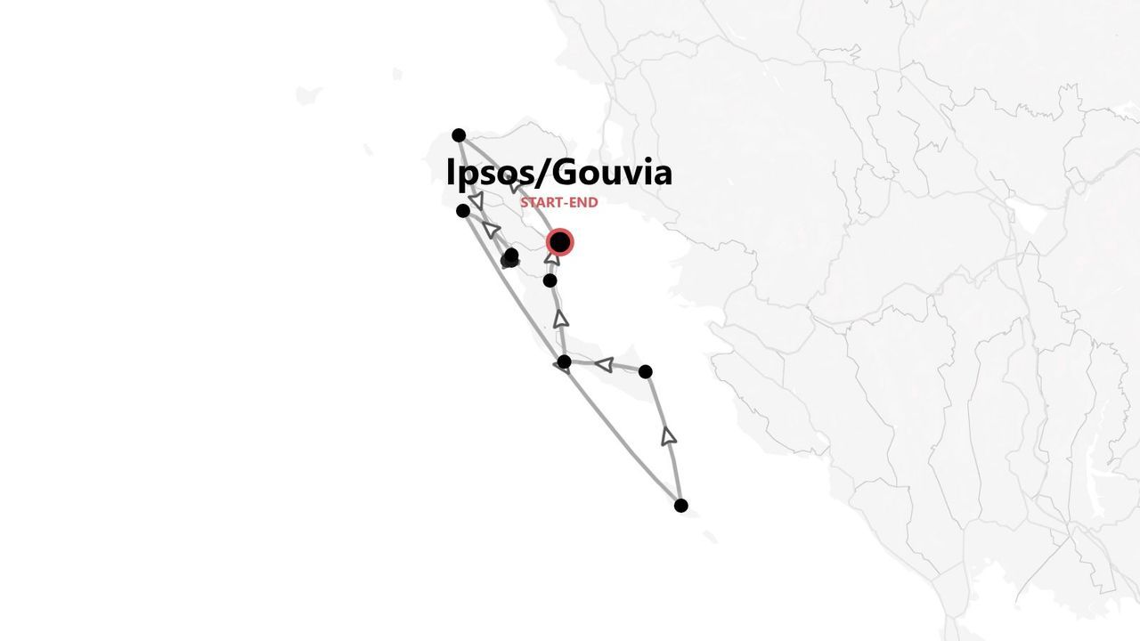 Mappa minimalista di un itinerario di viaggio con partenza e arrivo a Ipsos/Gouvia, indicato da un punto rosso.