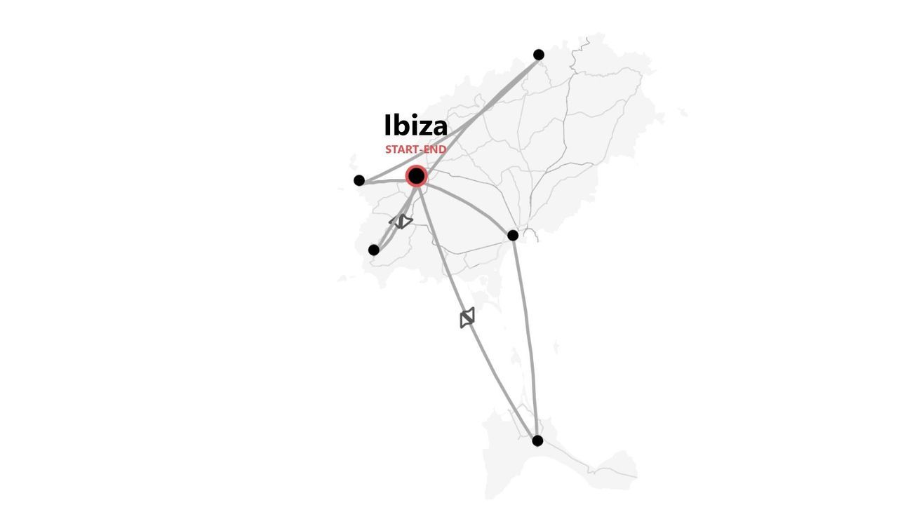A map showing the travel itinerary for a trip to Ibiza, with the start and end points highlighted.
