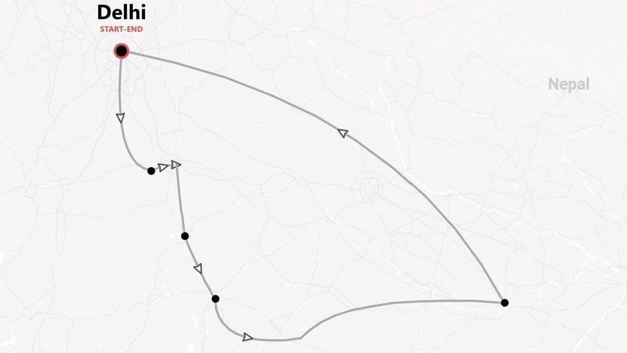 Itinerario de viaje en mapa: Delhi, India y ruta circular a Nepal.