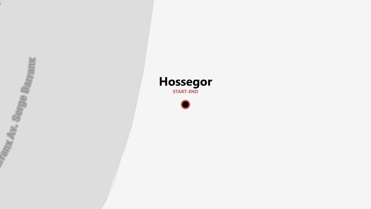 Una mappa minimalista di Hossegor, che segna la posizione come punto di partenza e di arrivo di un percorso.