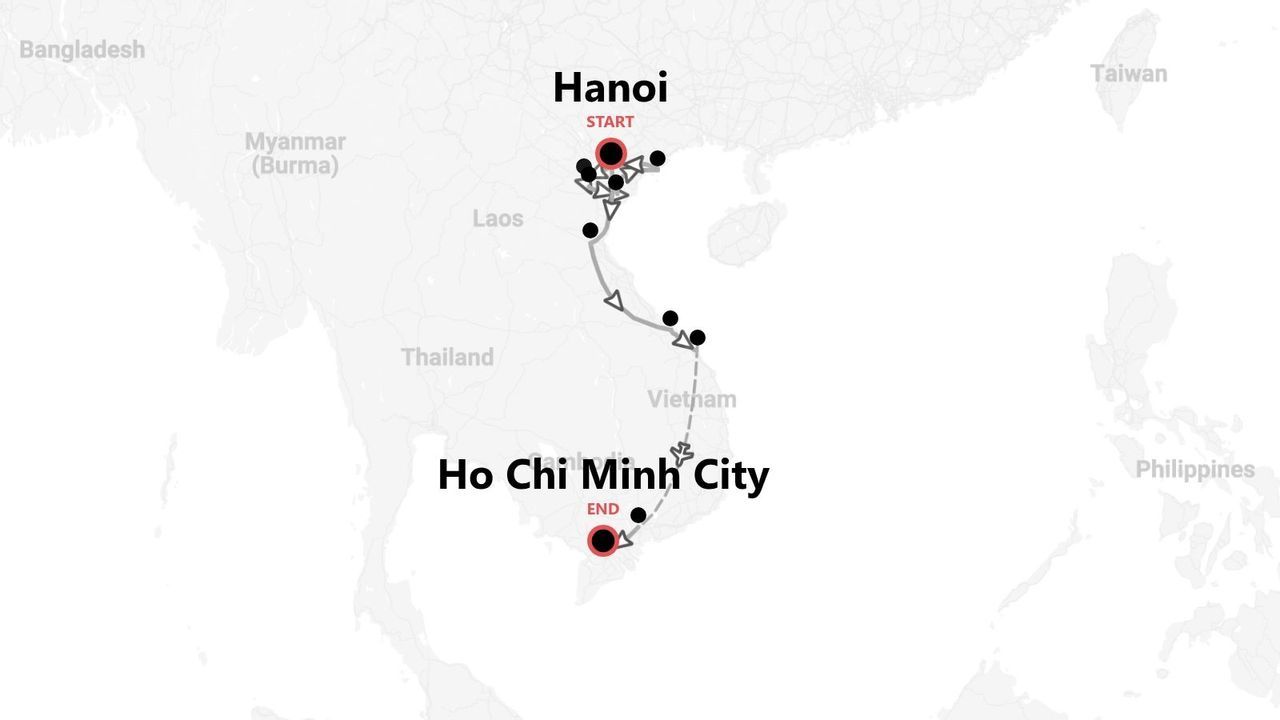 Un mapa de Vietnam que muestra un itinerario de viaje que comienza en Hanói y viaja hacia el sur para terminar en Ciudad Ho Chi Minh.
