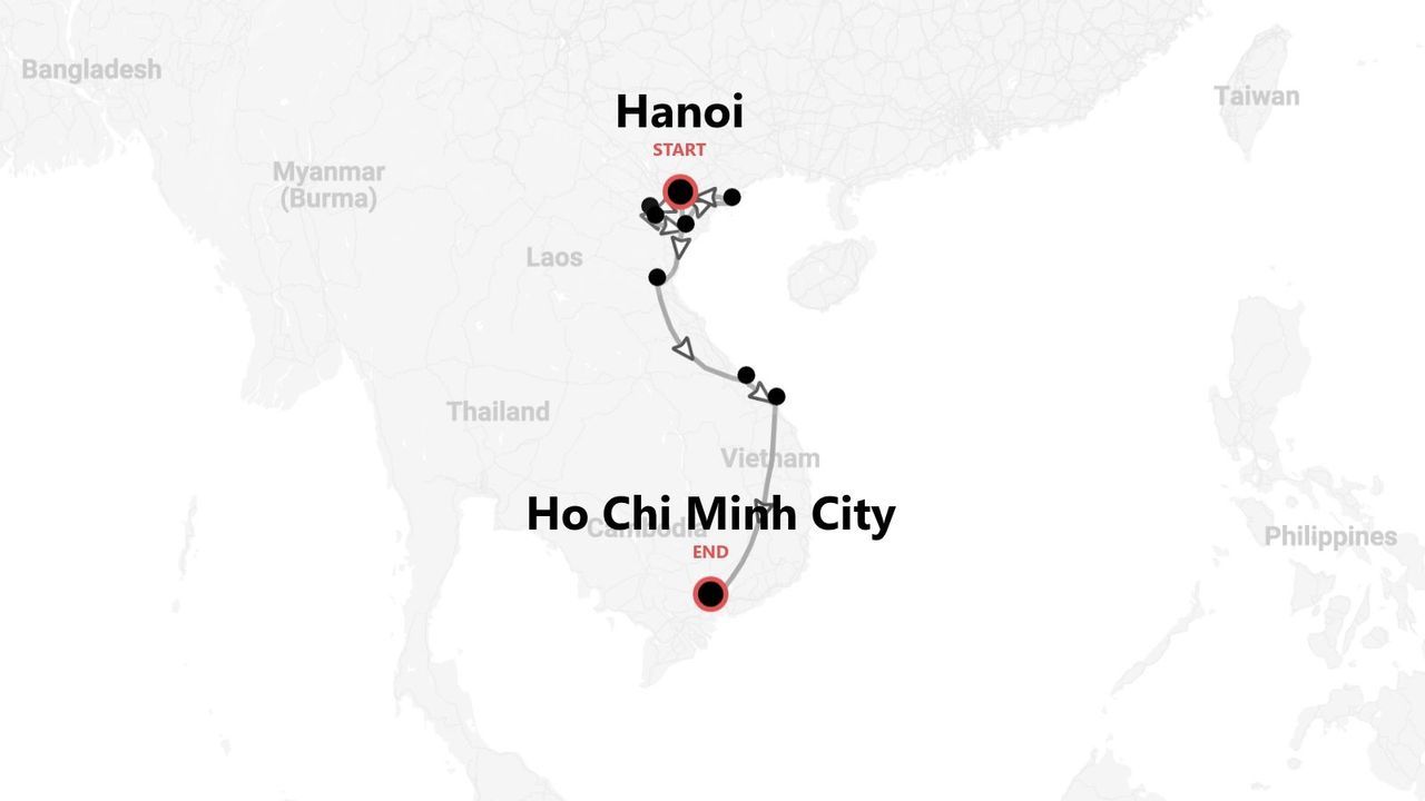 A map of Vietnam showing a travel route that starts in Hanoi and ends in Ho Chi Minh City.