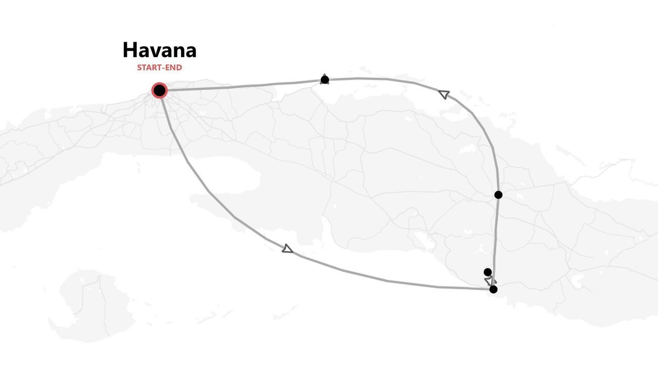 Mappa di un itinerario turistico circolare con partenza e arrivo a L'Avana, Cuba, e varie tappe.