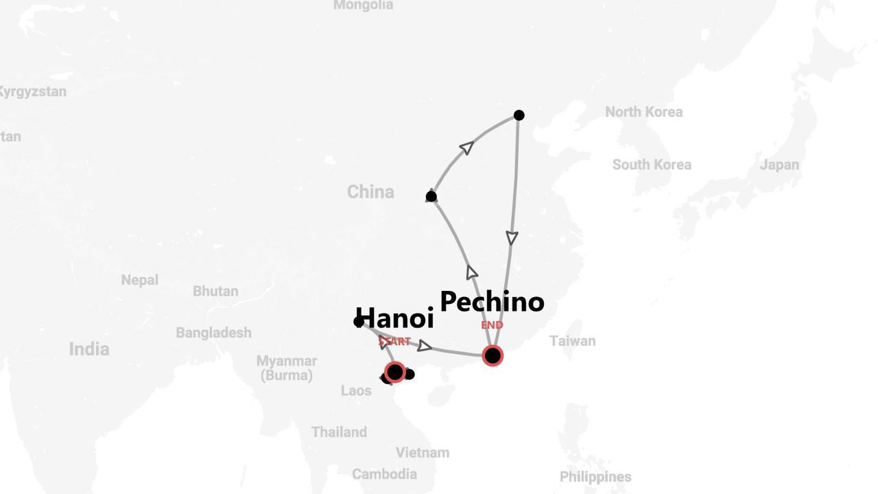 Una mappa dell'Asia orientale che mostra un itinerario di viaggio da Hanoi, Vietnam a Pechino, Cina.