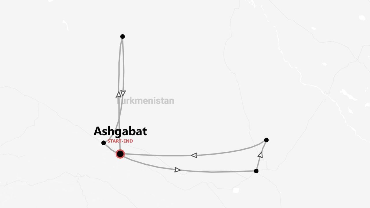Mappa di un itinerario di viaggio in Turkmenistan, con partenza e arrivo nella città di Ashgabat.