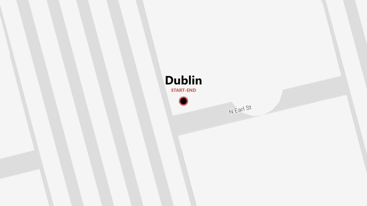 Mappa semplificata di Dublino, punto di inizio e fine di un itinerario, in N Earl St.