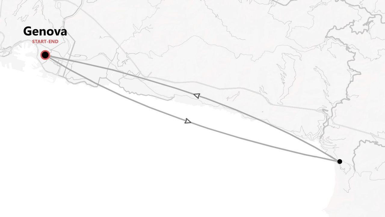 Una mappa grigia e bianca che illustra un itinerario di viaggio ad anello con Genova come punto di partenza e arrivo.