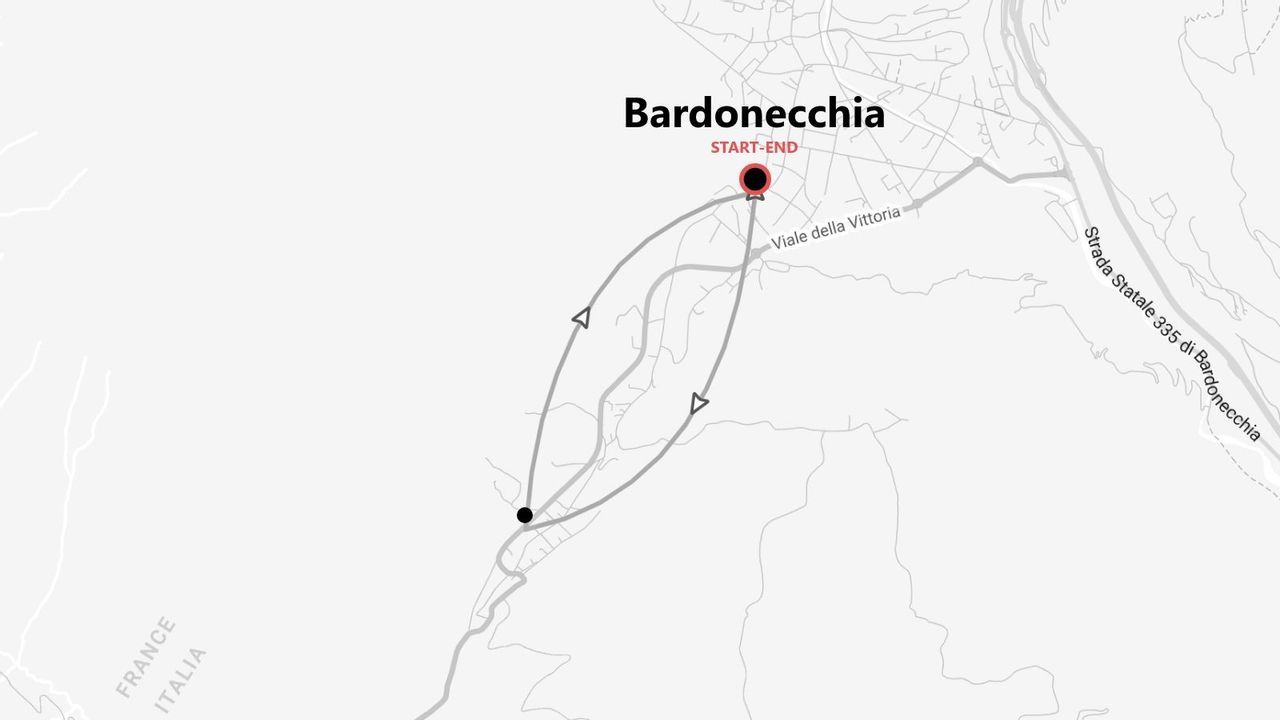 Una mappa che mostra un percorso di viaggio circolare con inizio e fine a Bardonecchia, Italia, vicino al confine francese.