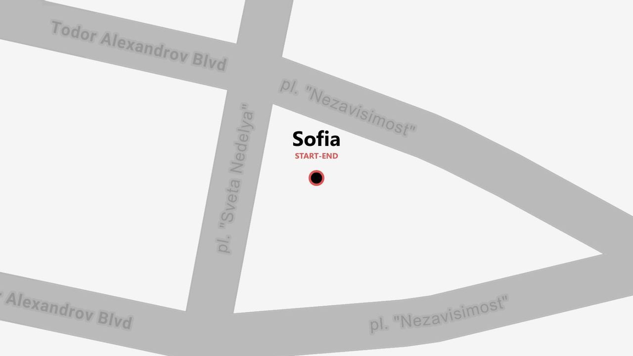 Mappa minimalista di Sofia, Bulgaria, con un punto di inizio e fine all'incrocio tra Viale Todor Alexandrov e altre strade.